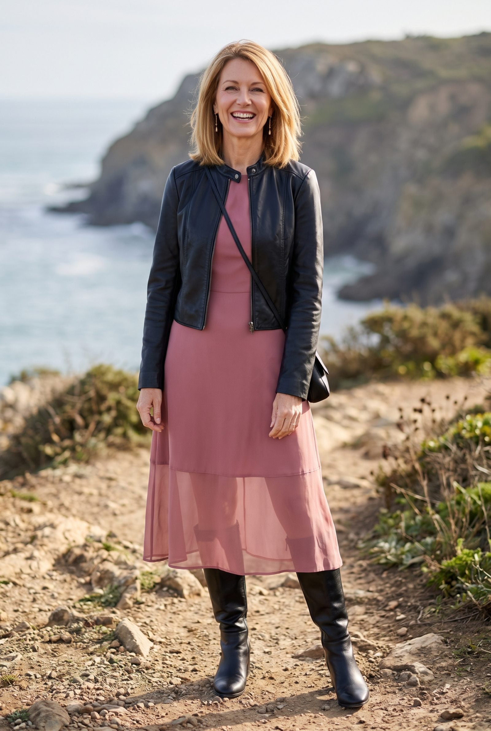 Woman in a dusty rose midi dress with a sheer hem over black opaque knee boots, the boot line showing through the chiffon.