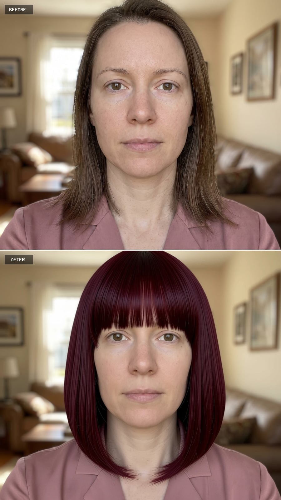 Burgundy Bob, Blunt Fringe, Saturated Color