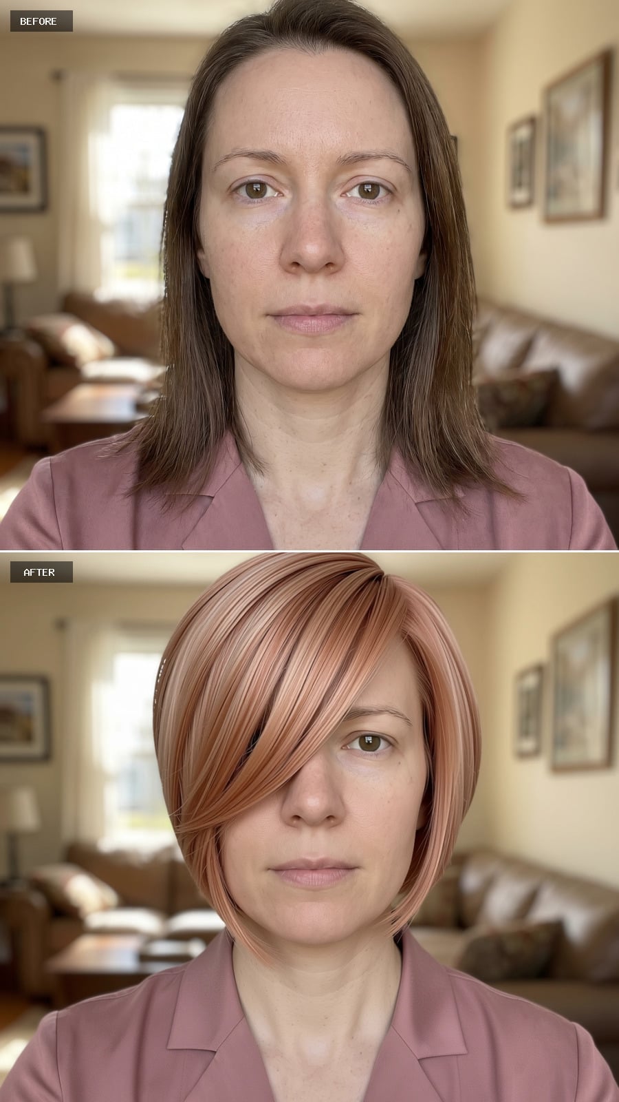 Rose-Copper Bob with a Side-Swept Bang