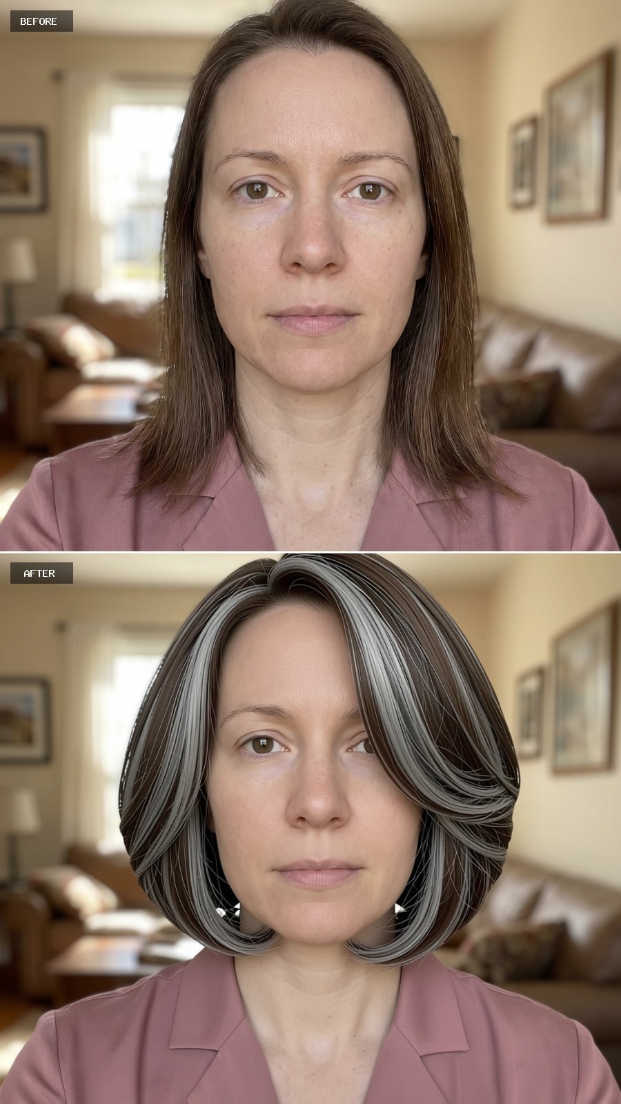 Silver Ribbons Widen a Dark Brown Bob