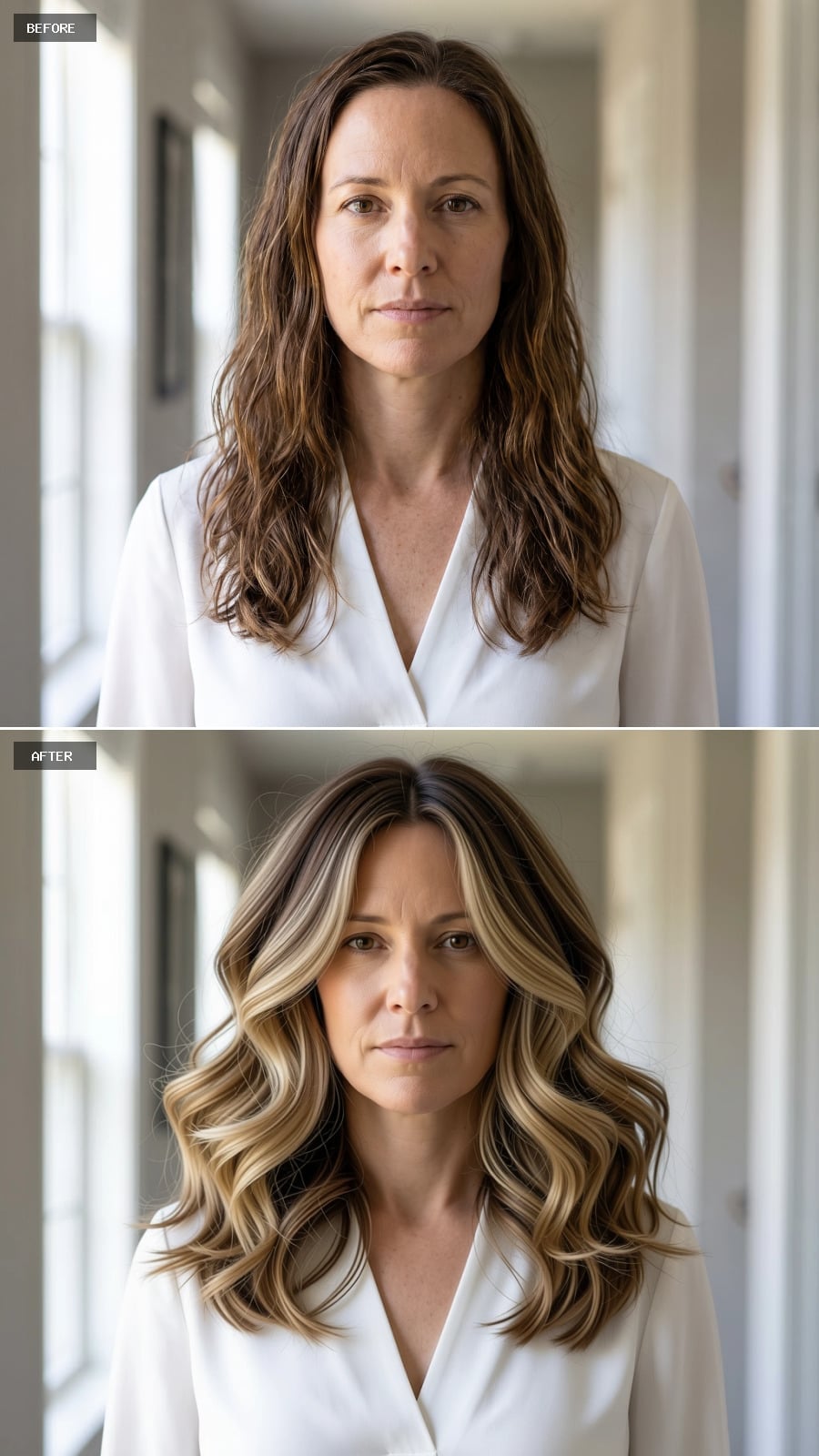Rounded shoulder-length balayage waves with a full perimeter