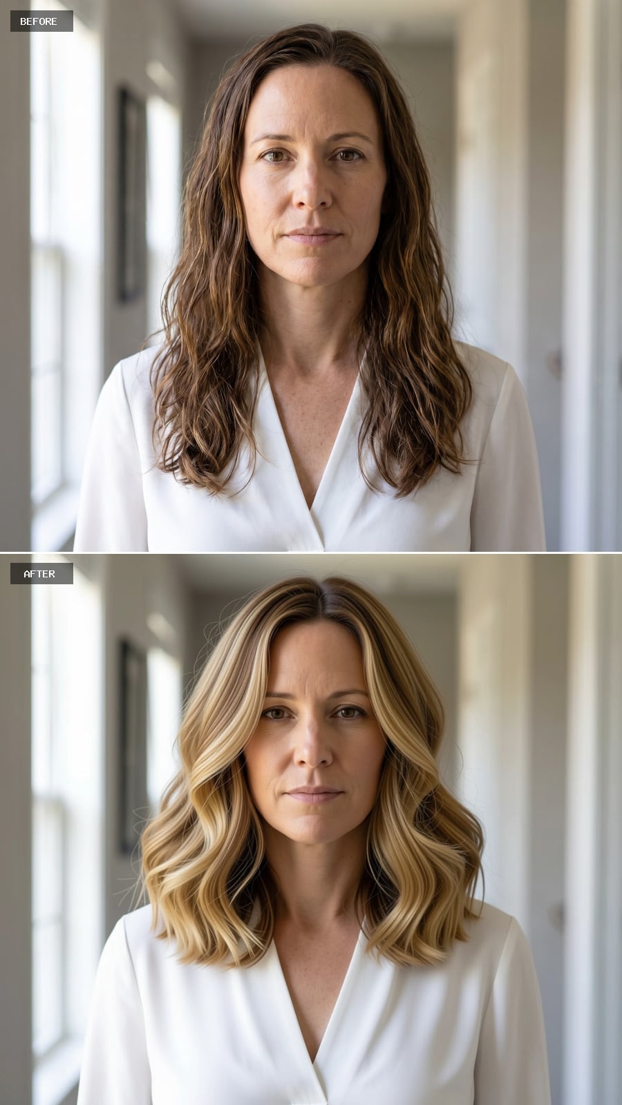 Ash blonde balayage on shorter collarbone waves