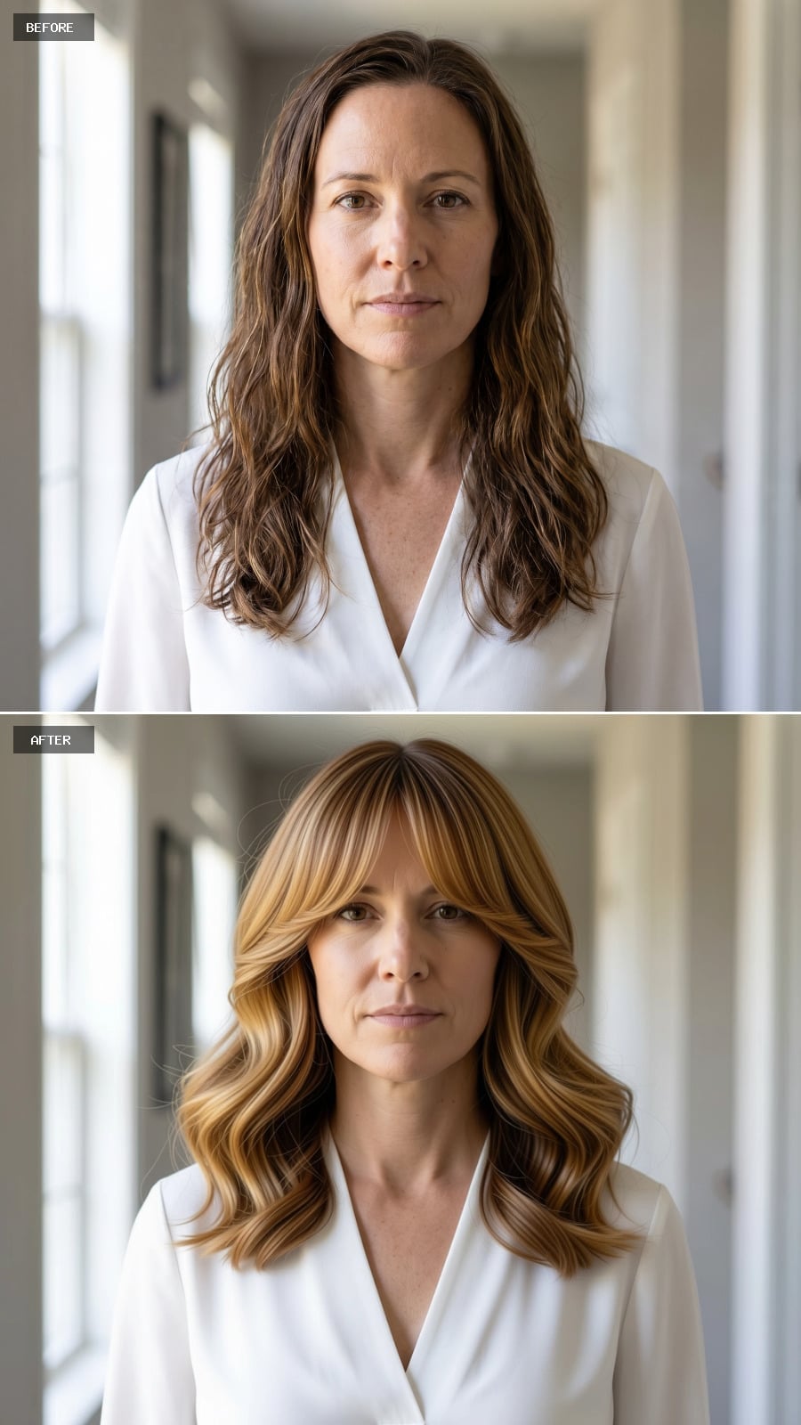 Honey blonde waves with soft face-framing bangs