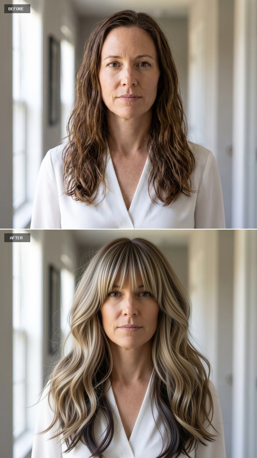 Long highlighted waves with rounded blunt bangs