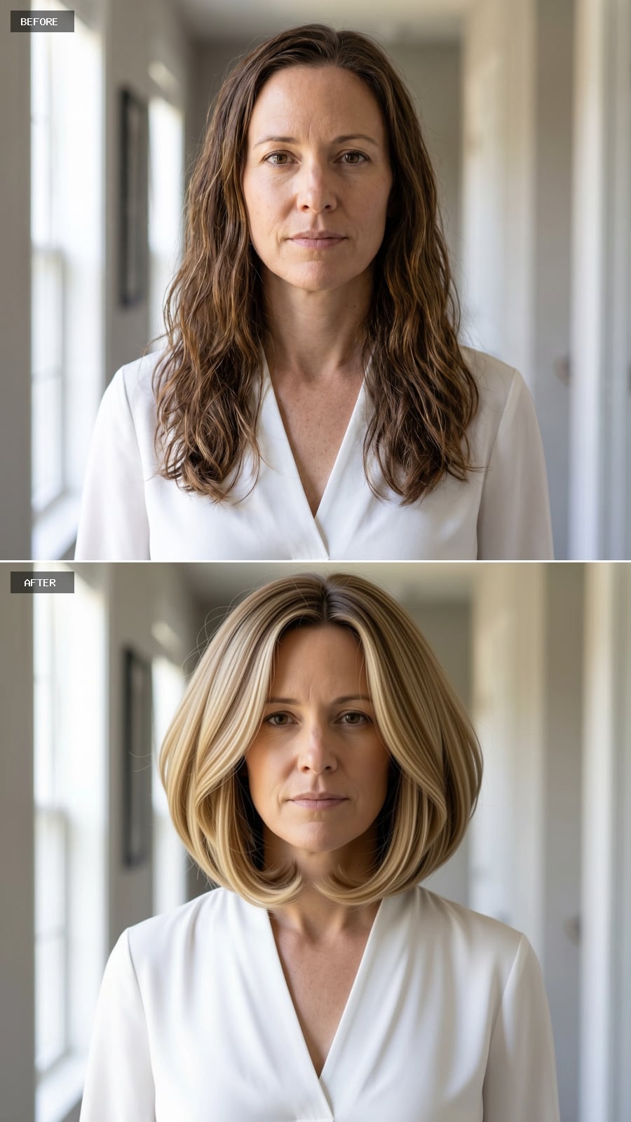 Rounded golden blonde bob with brighter face-framing pieces