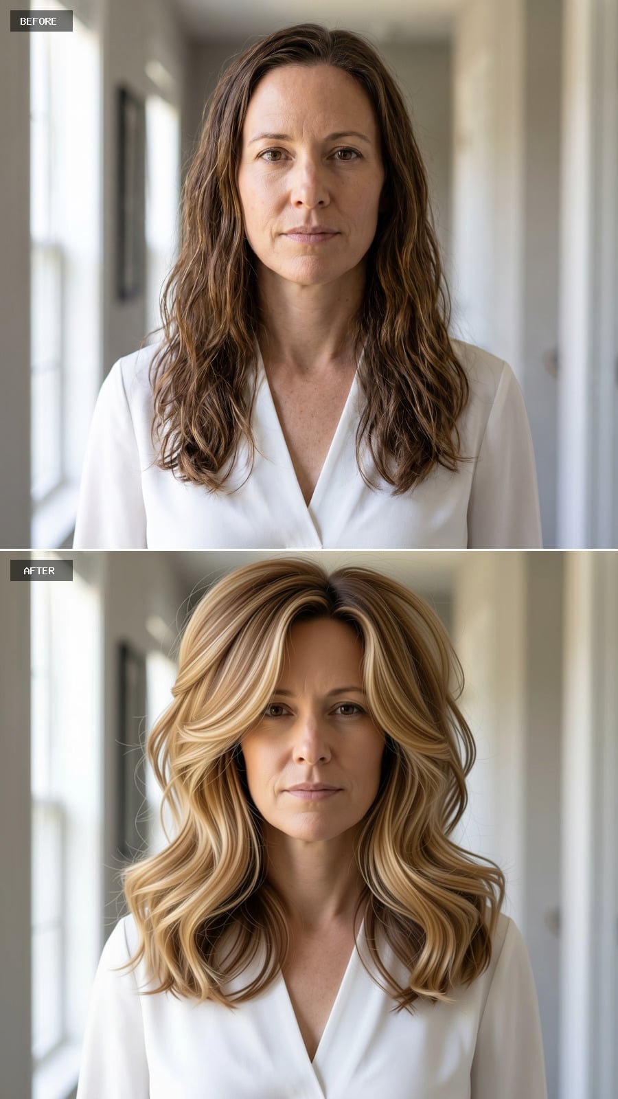 Shoulder-length wheat and honey blonde waves