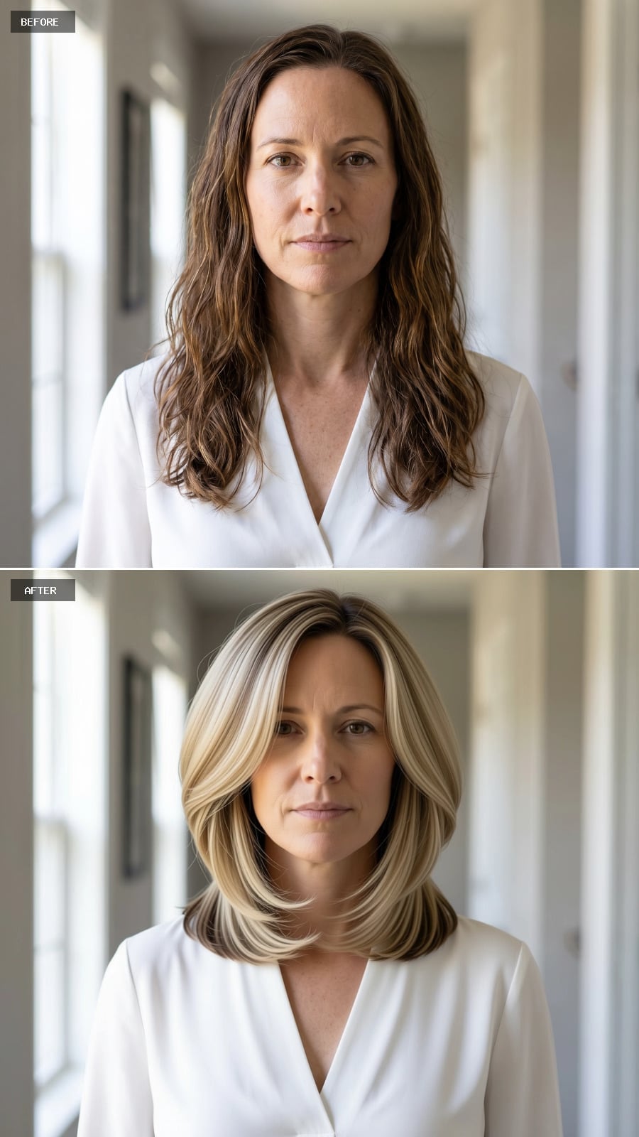 Rounded blonde bob with a darker base and face-framing highlights