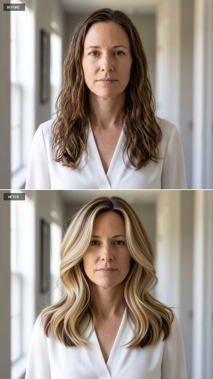Blonde blowout with broad face-framing panel highlights
