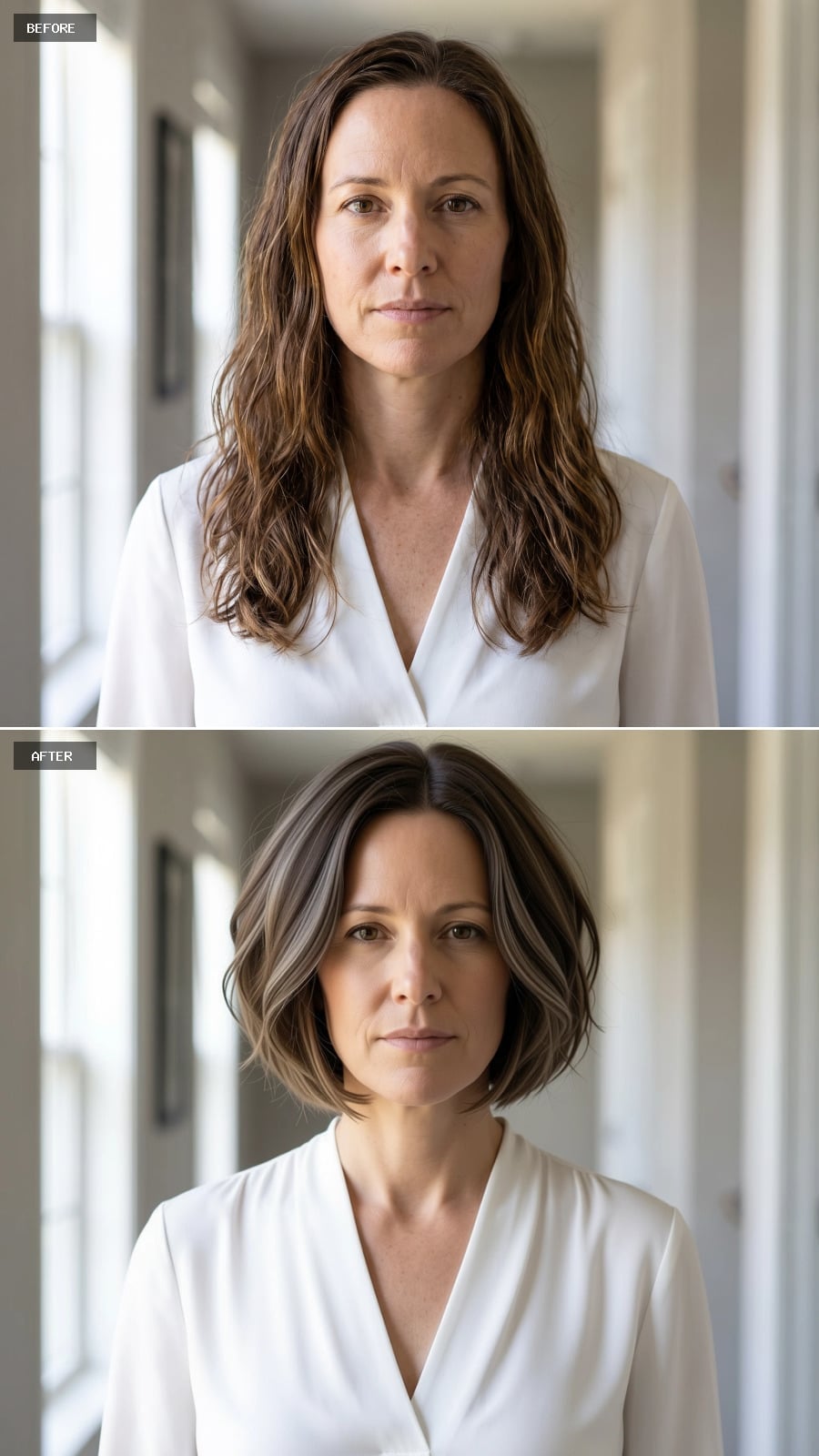 Asymmetrical highlighted bob with a soft center part