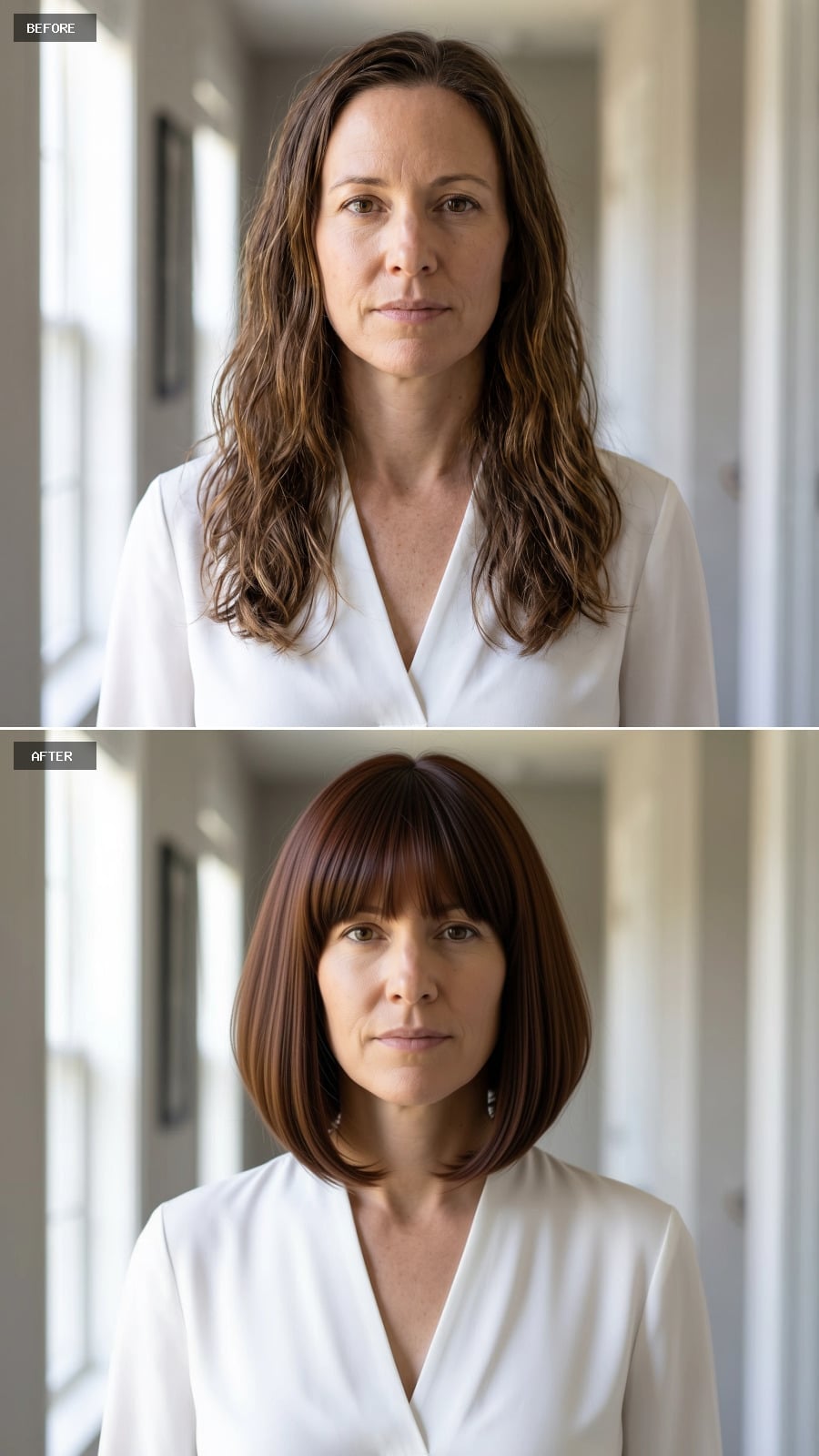 Rich auburn blunt bob with straight fringe