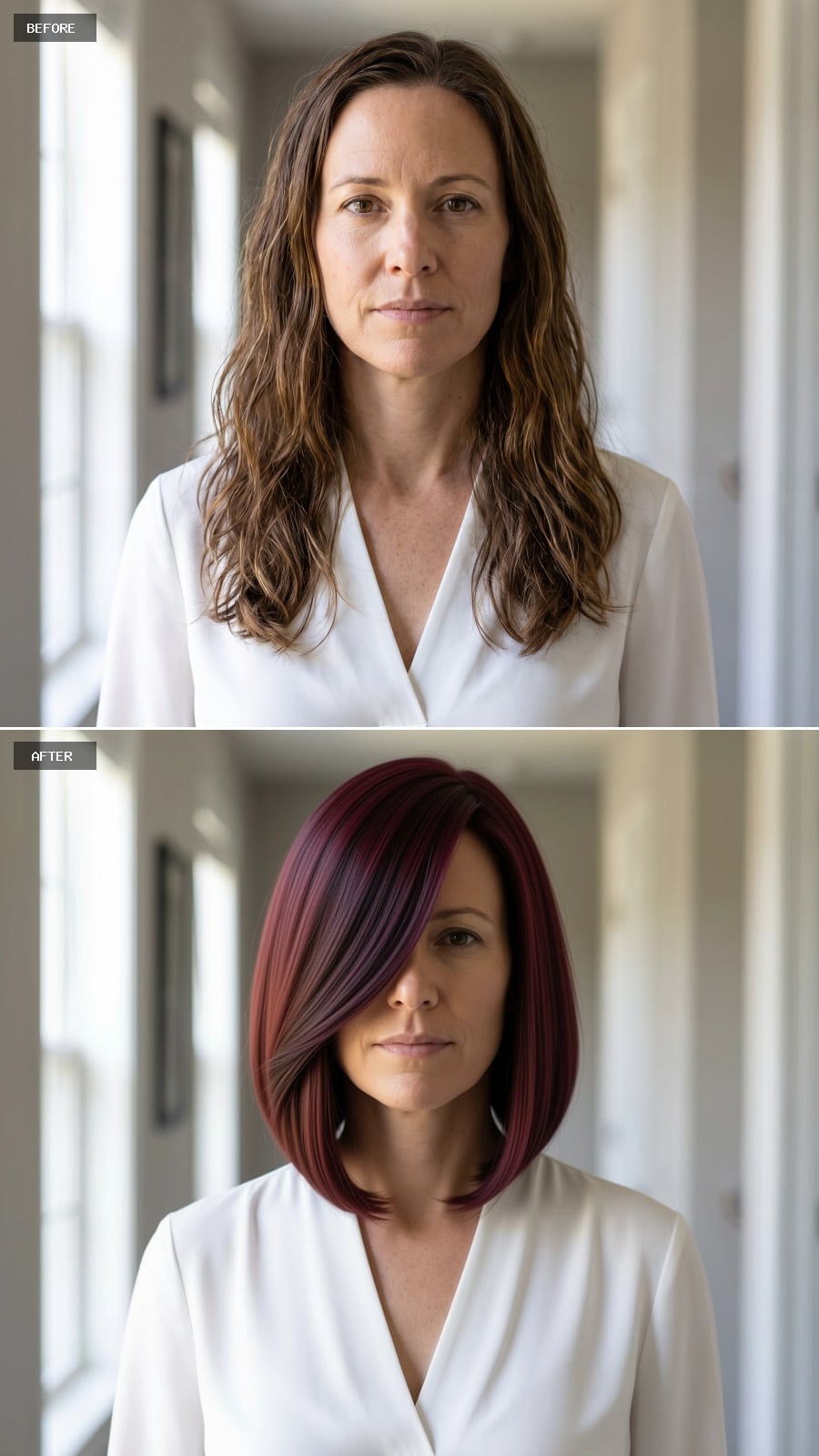 Deep burgundy angled bob with a side-swept fringe