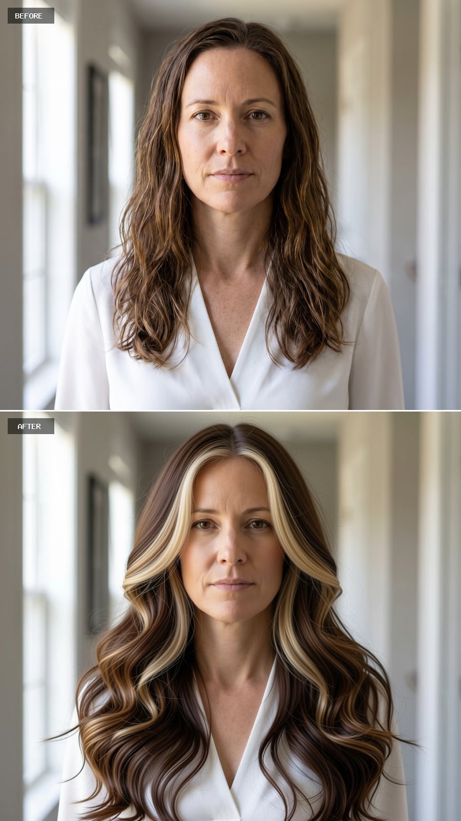 Dark brown waves with one broad blonde crown panel