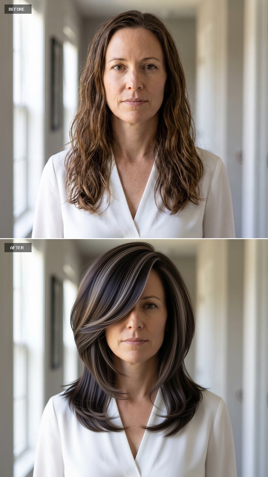 Dark brown swept lob with silver-white face-framing panels