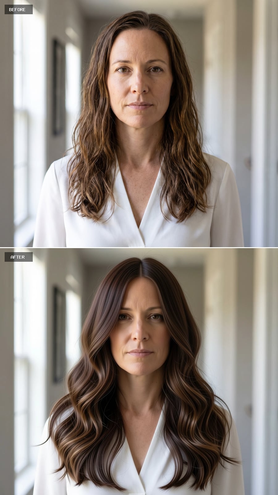 Dark brunette collarbone-length waves with subtle caramel dimension