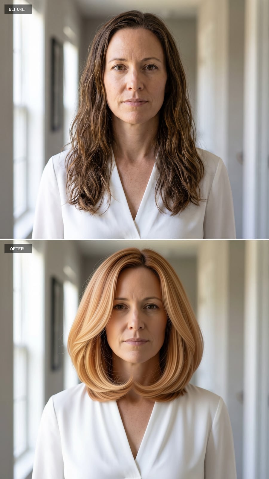 Golden blonde shoulder-length lob with an inward bend