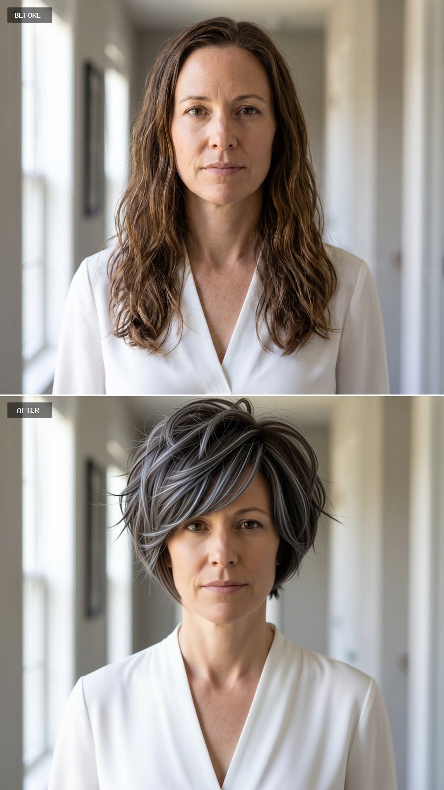 Gray-streaked pixie with layered crown volume