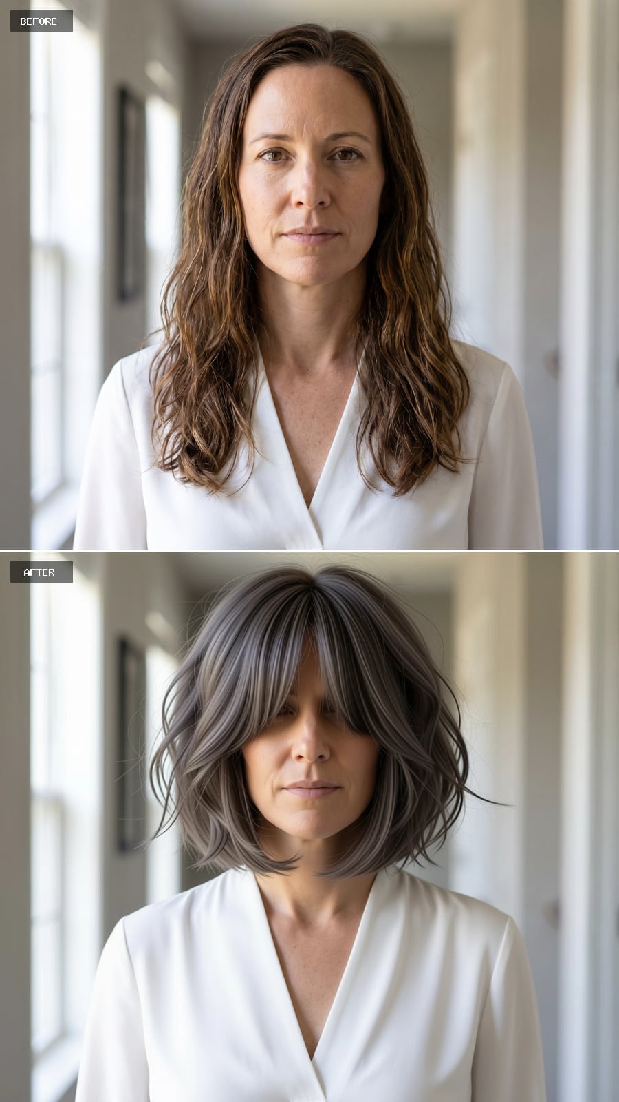 Gray-toned bob with soft curtain bangs