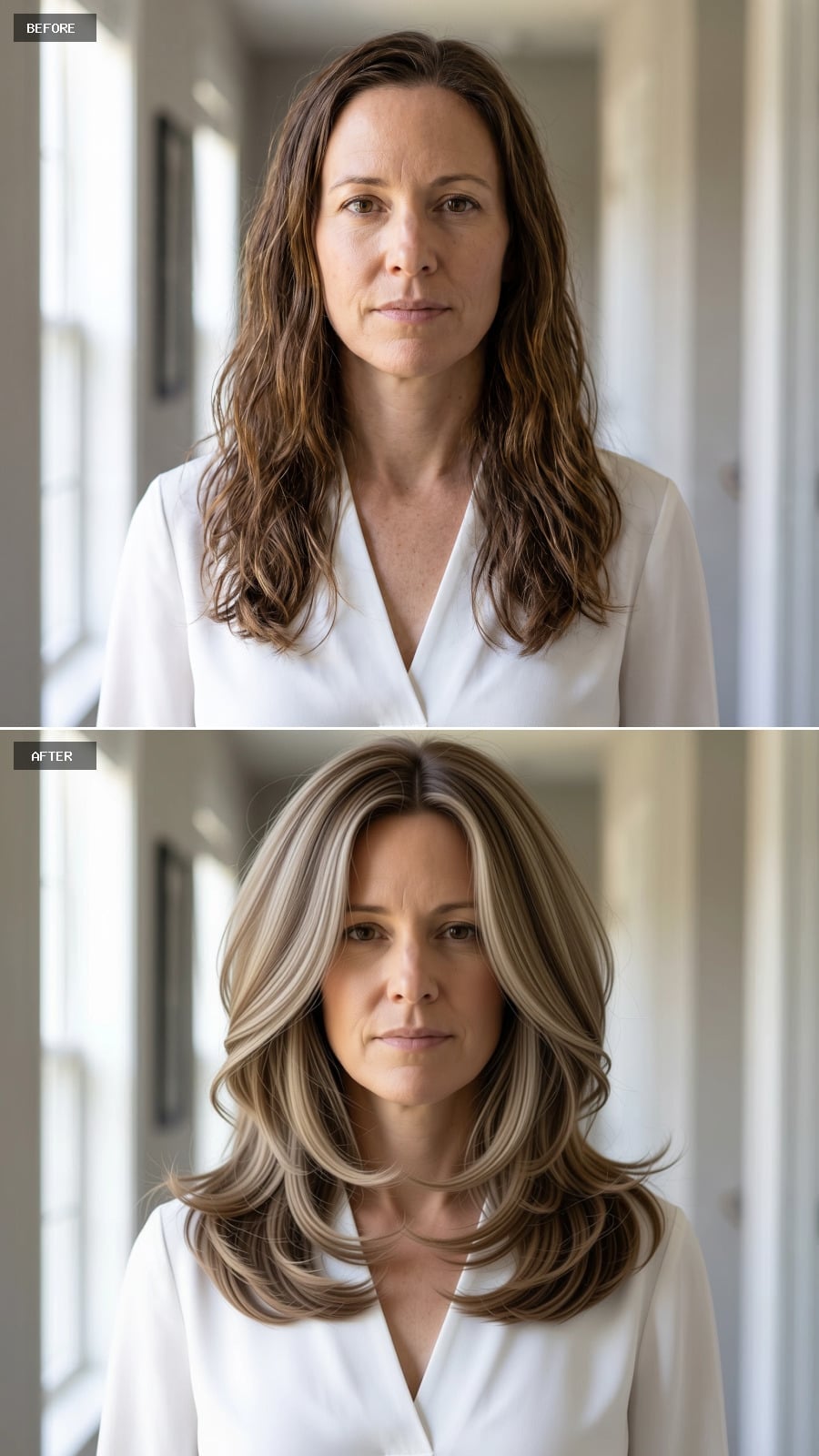 Highlighted blonde shoulder-length hair with a strong perimeter