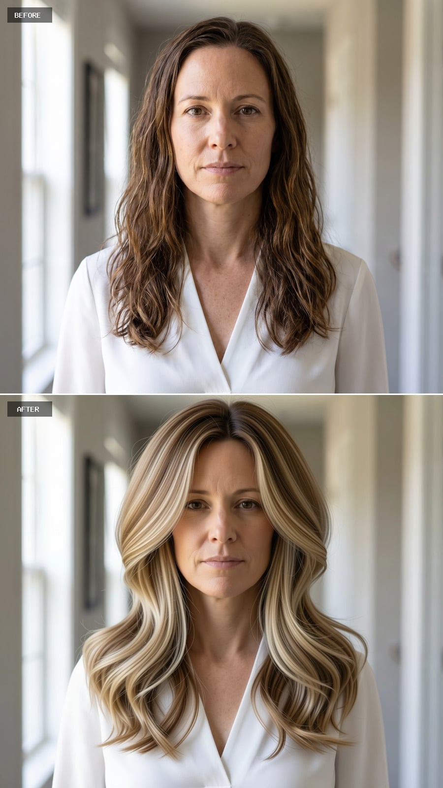 Dimensional balayage waves styled with crown volume