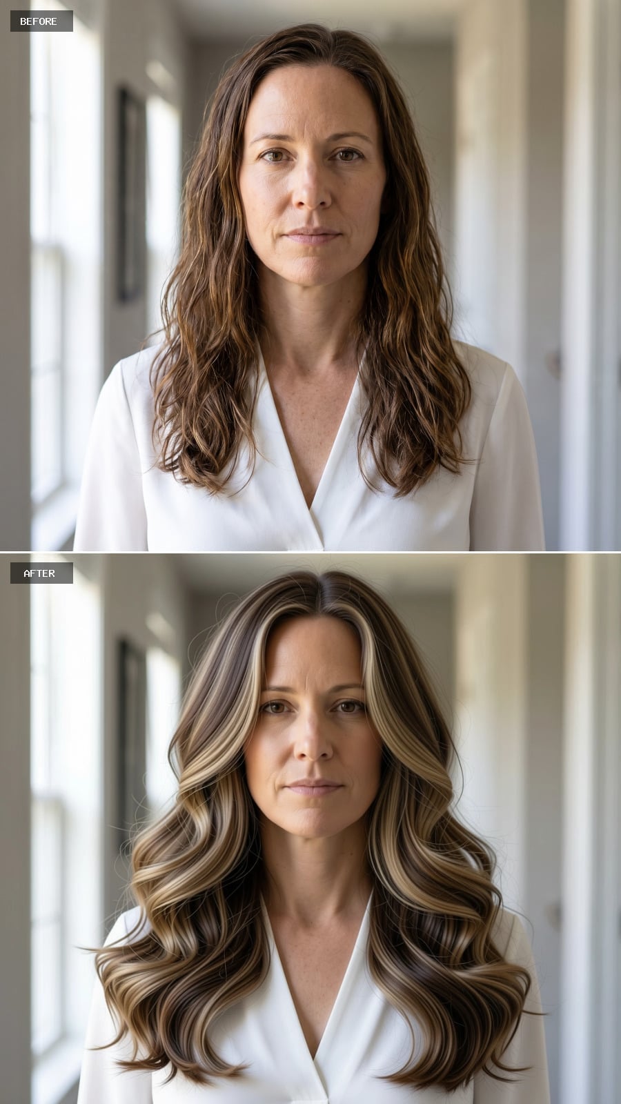 Full brunette waves with caramel and cream dimensional highlights