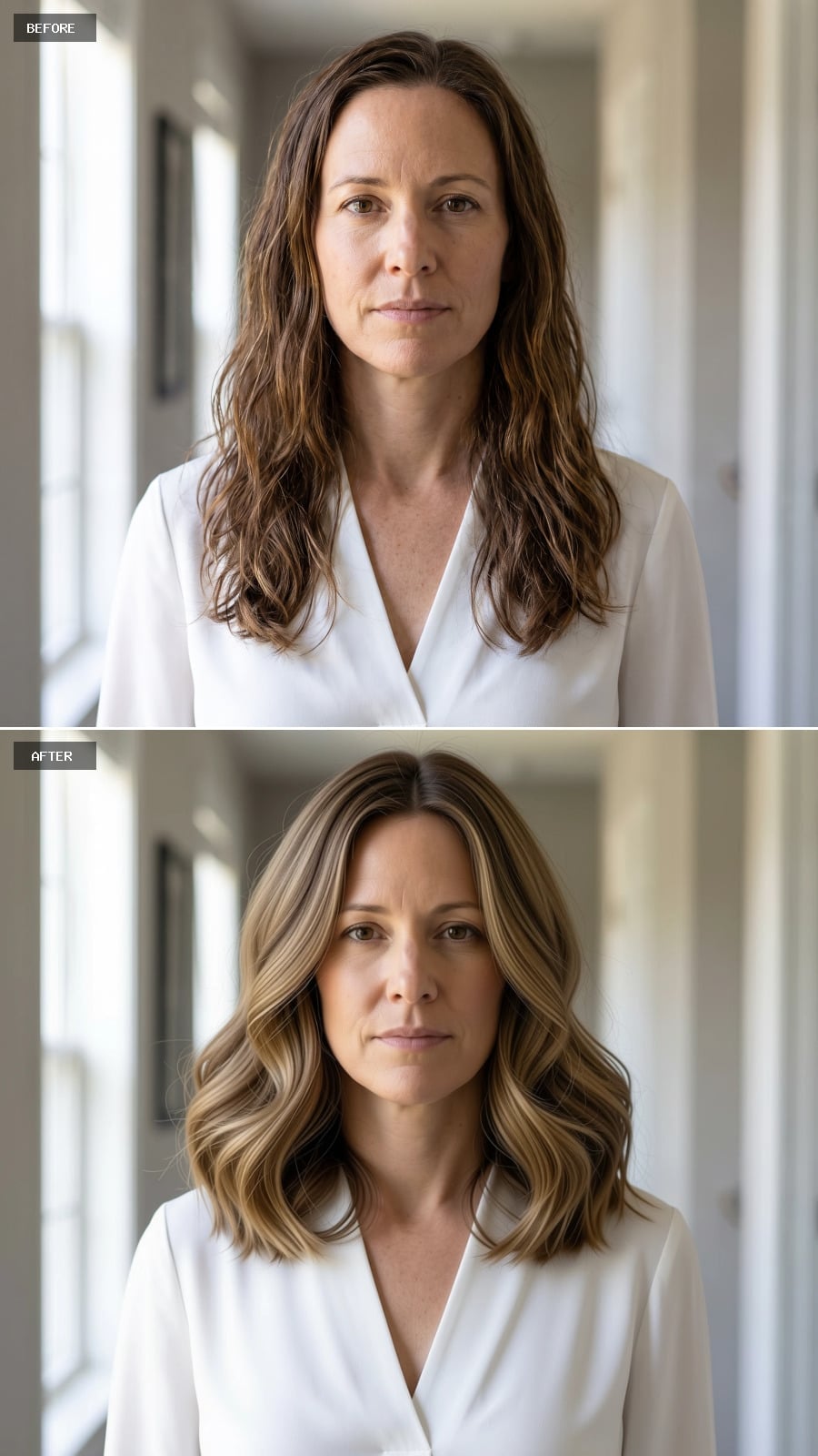 Shoulder-length sandy blonde waves with lighter ends