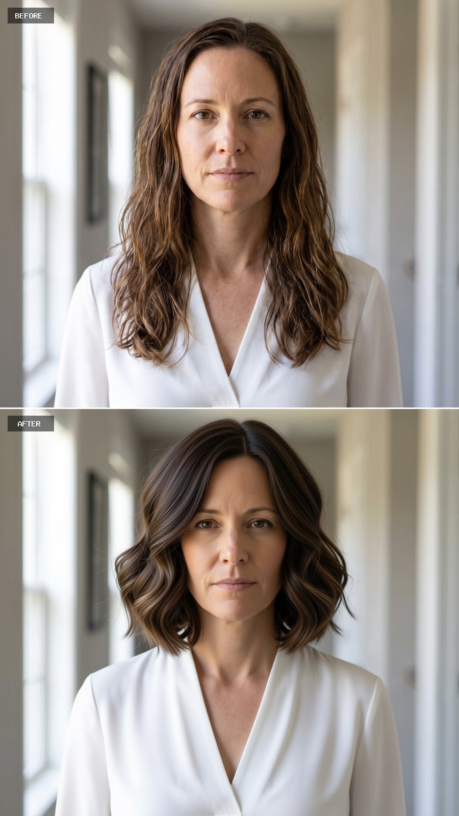 Center-parted brunette midlength waves with caramel dimension