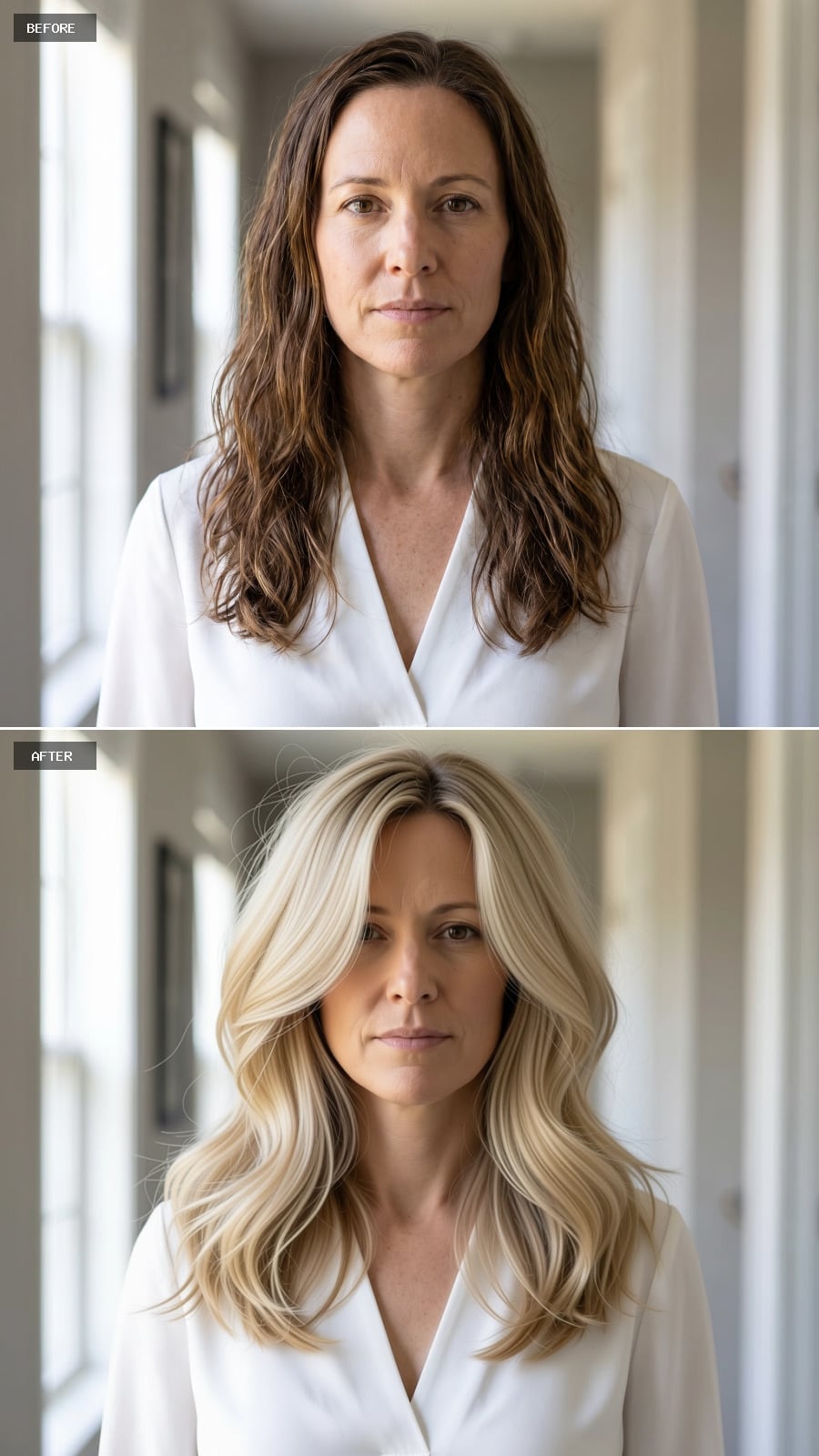 Platinum shoulder-length waves with a cool root shadow