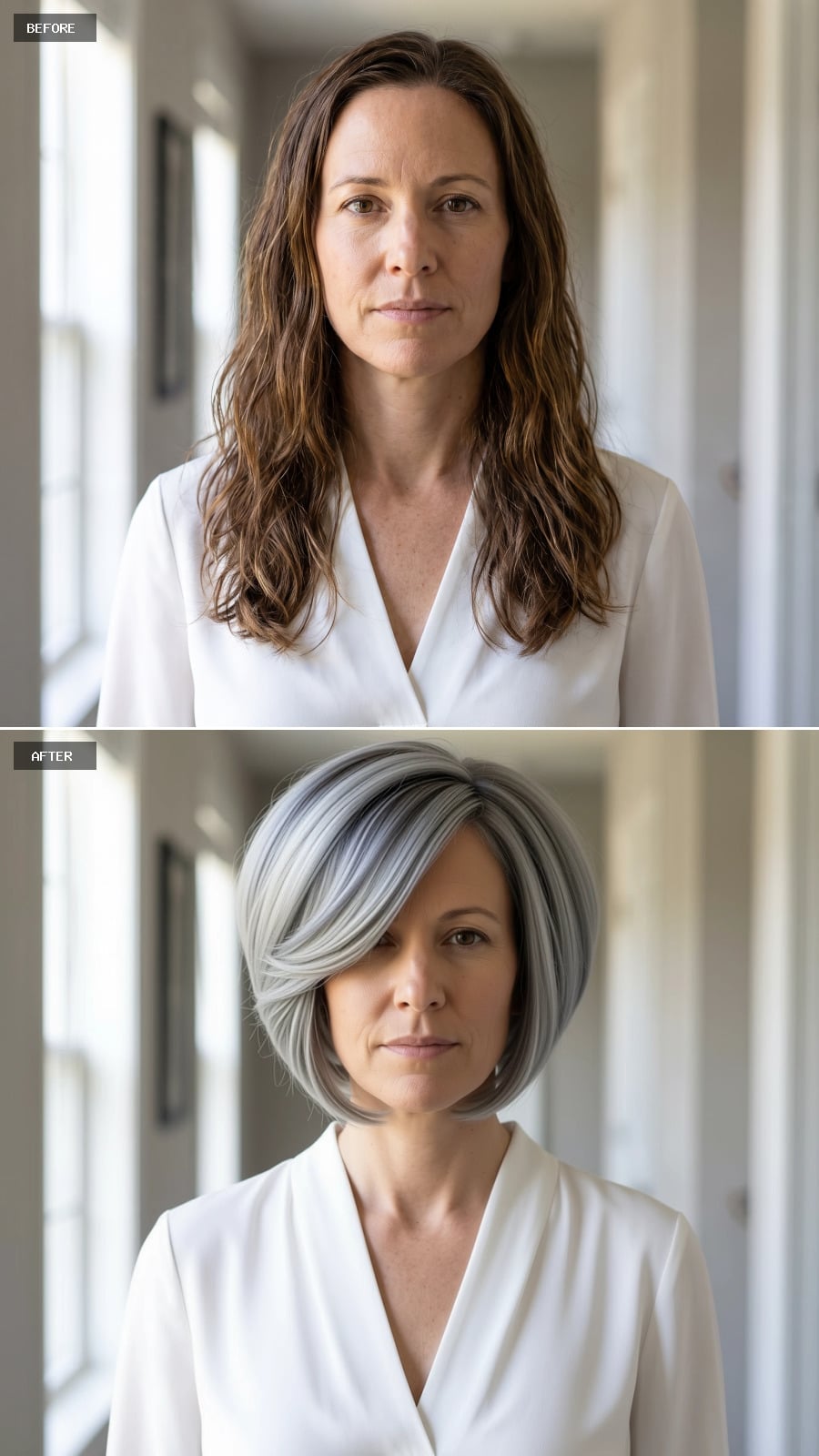 Silver-blue chin-length bob with a deep side sweep