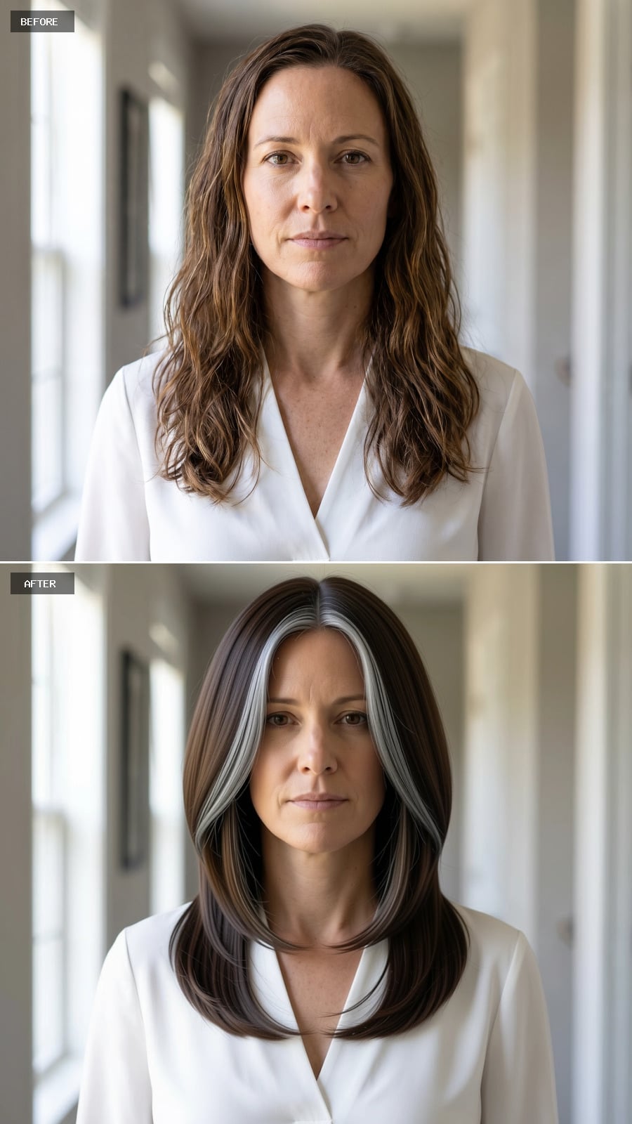Dark brown collarbone-length hair with broad silver-white panels