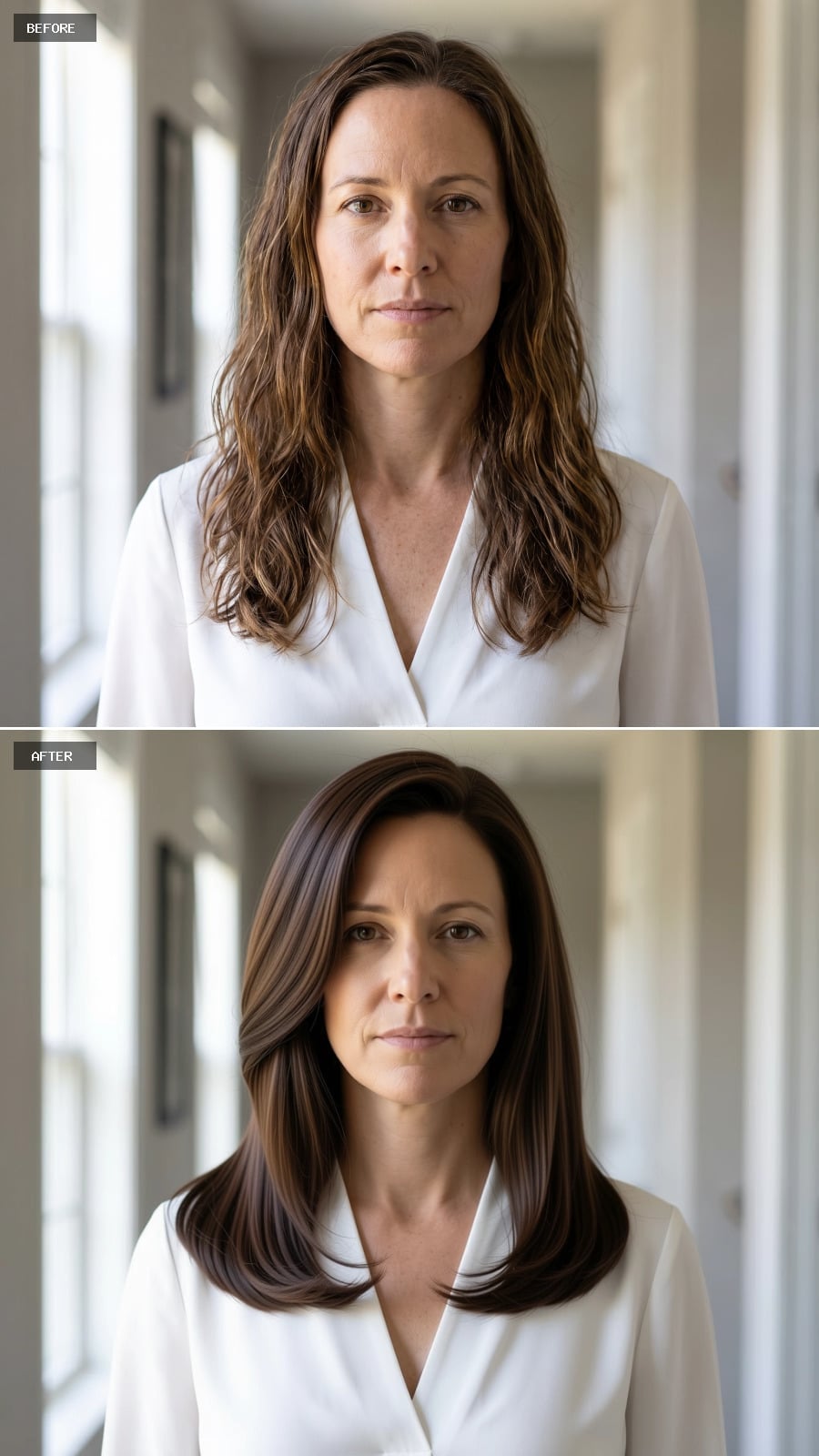 Straightened dark brown shoulder-length haircut