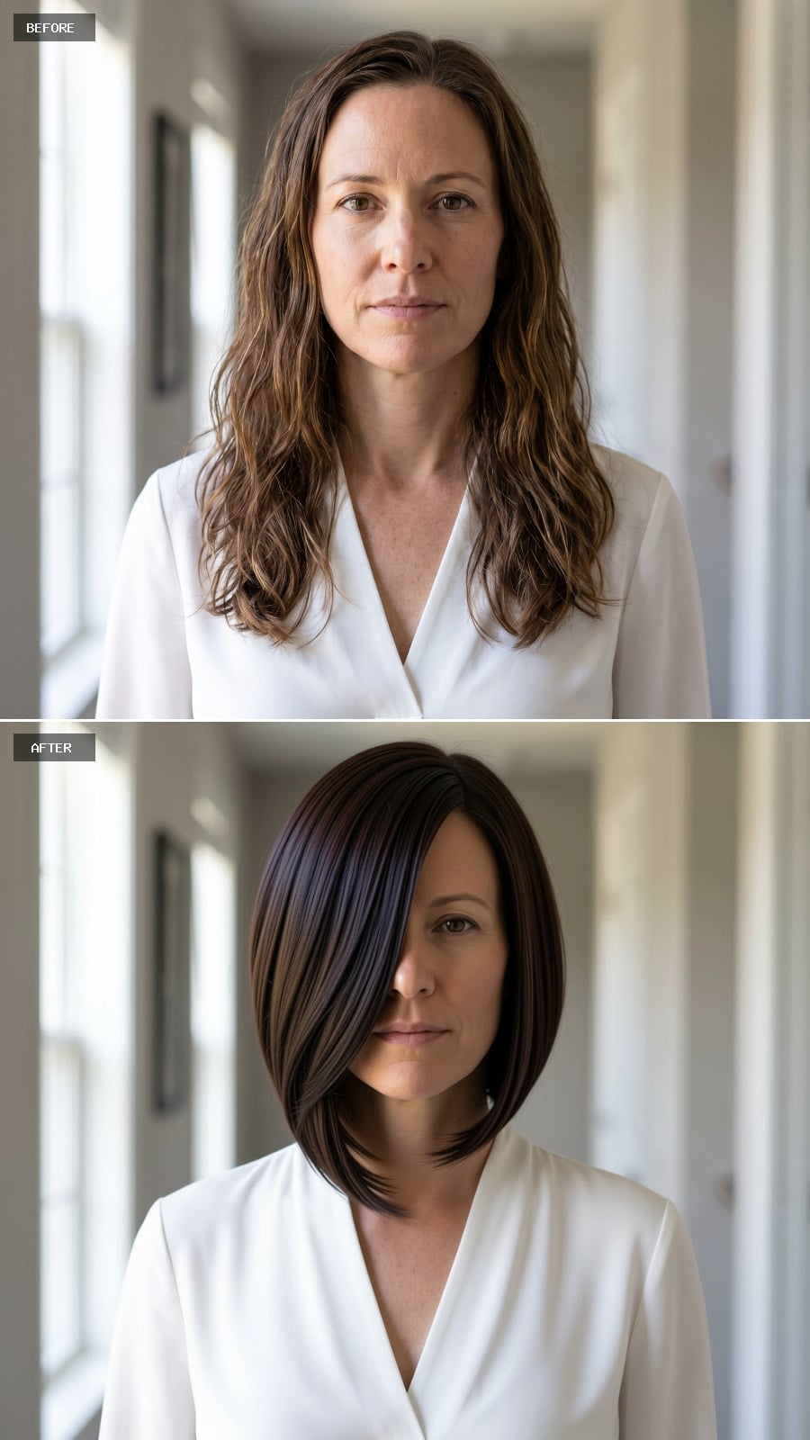 Sleek espresso side-swept stacked bob