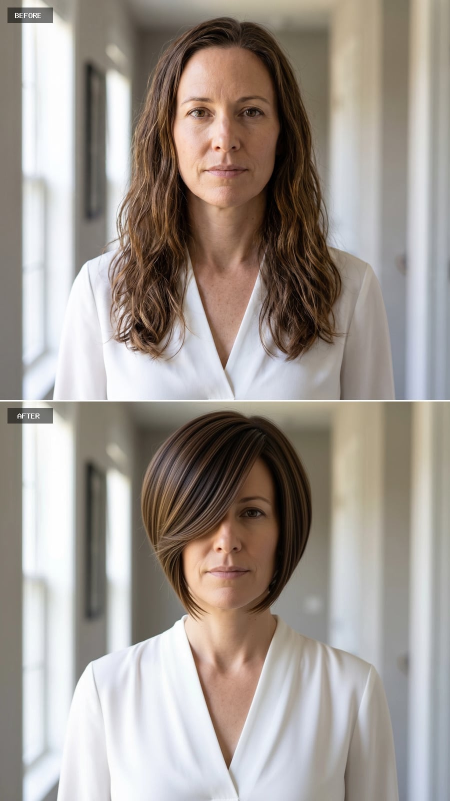 Graduated brown bob with side-swept fringe and panel highlights