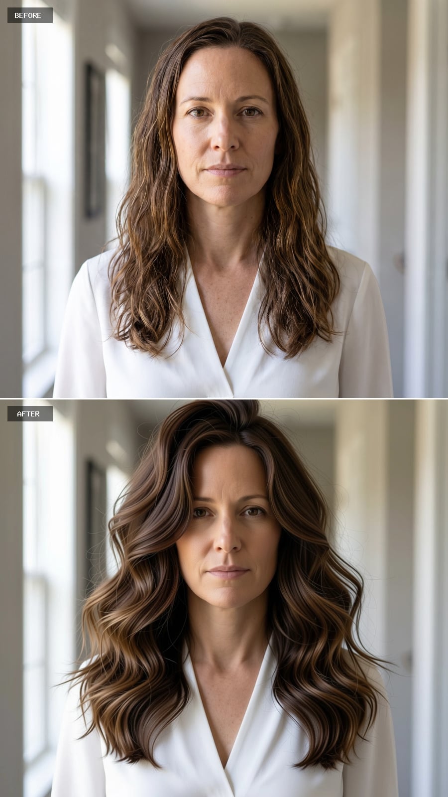 Deep brown shoulder-length waves with caramel highlights