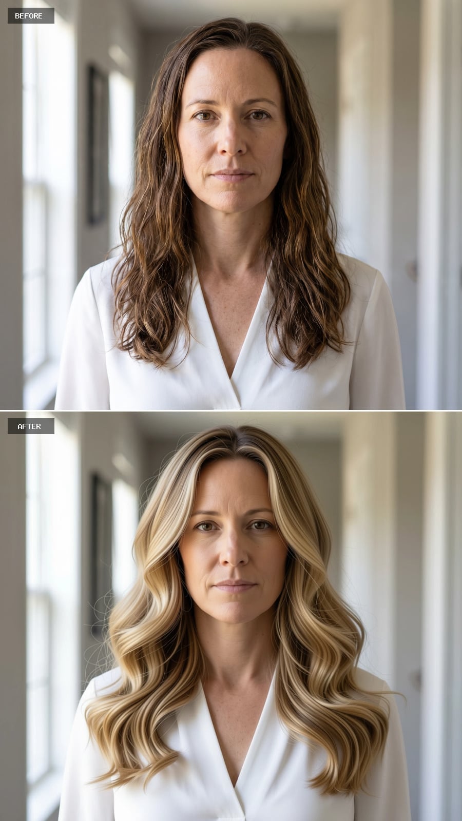 Full layered blonde waves with bright face-framing pieces