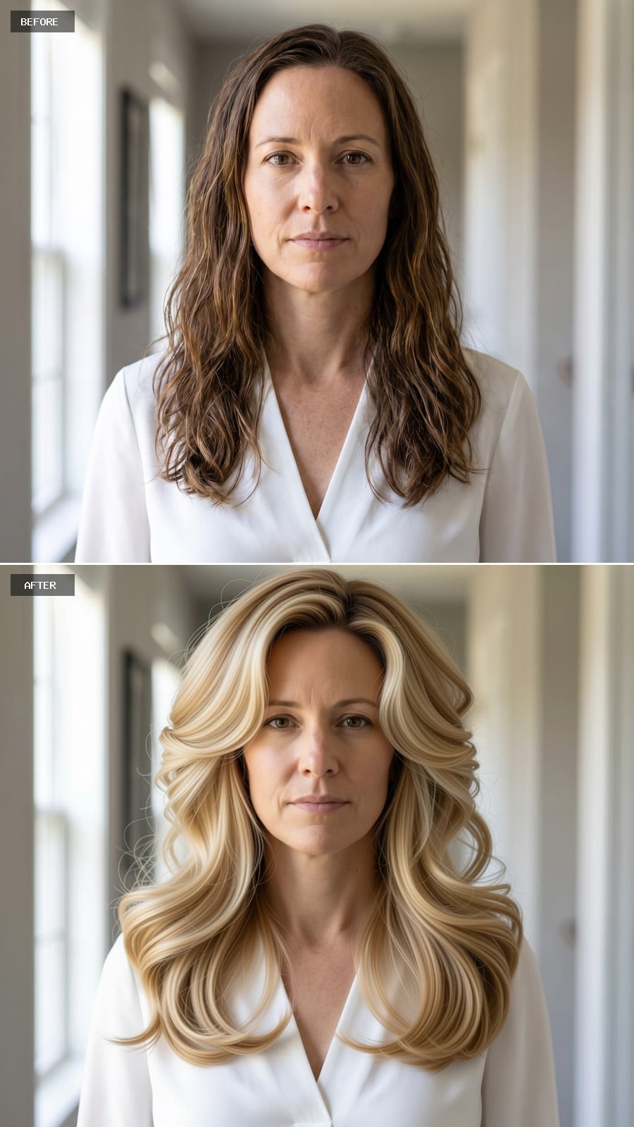 Warm platinum shoulder-length waves with a full perimeter