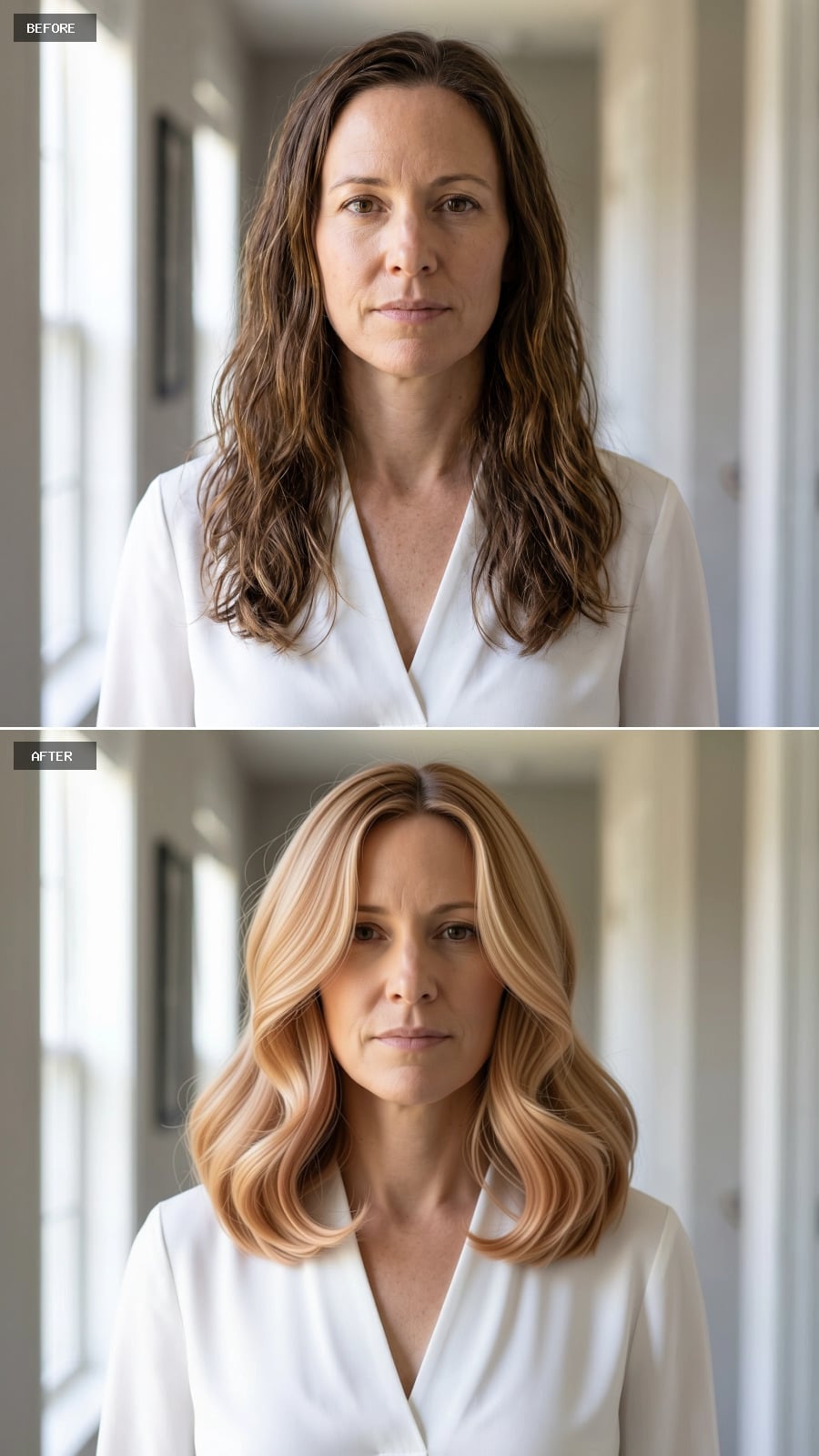 Warm blonde layered waves with brighter face-framing highlights