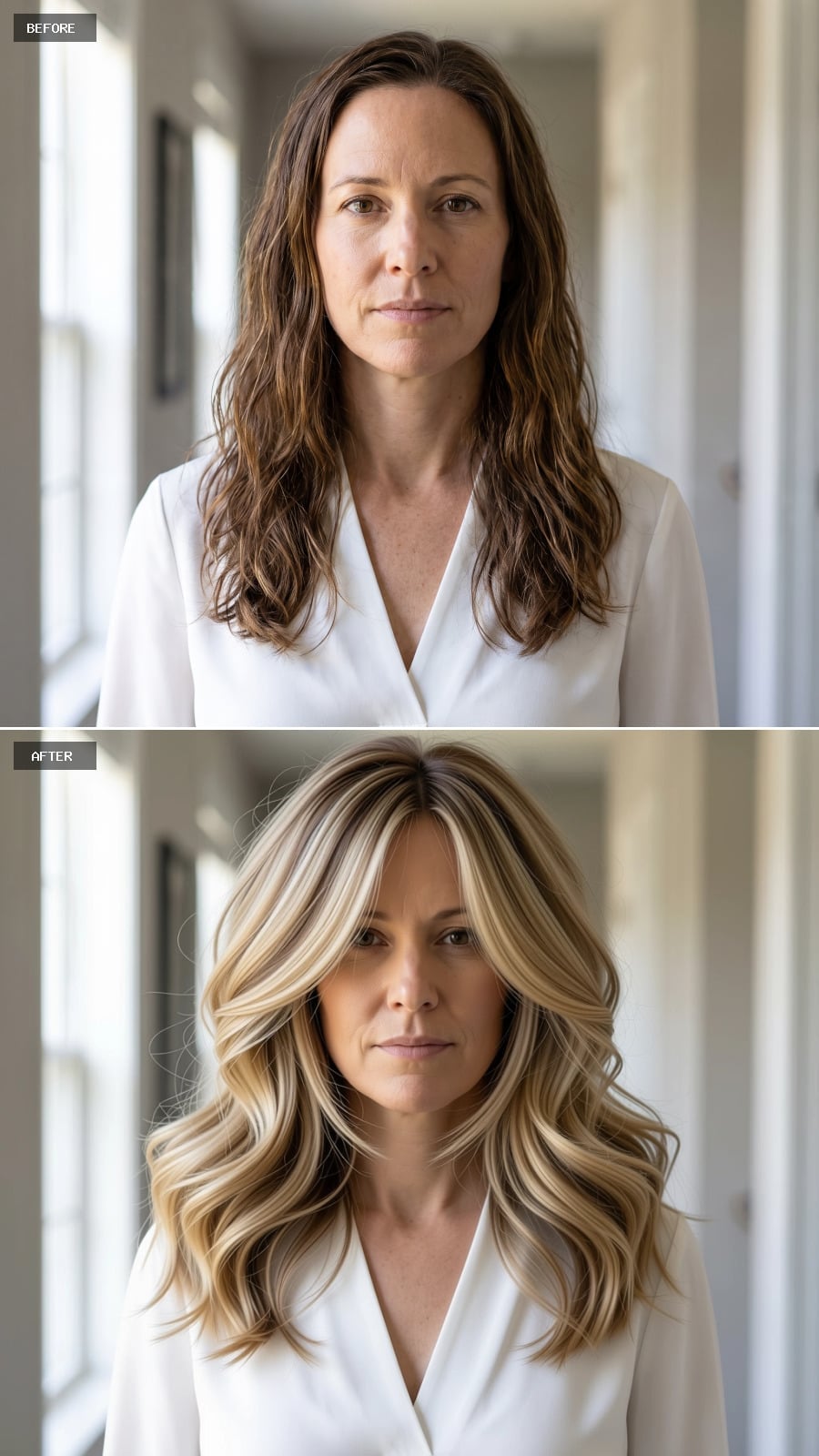 Layered blonde waves with cool face-framing pieces