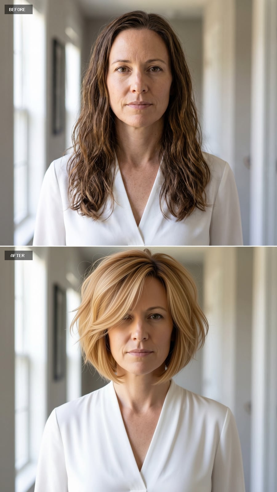 Short golden blonde bob with face-framing layers