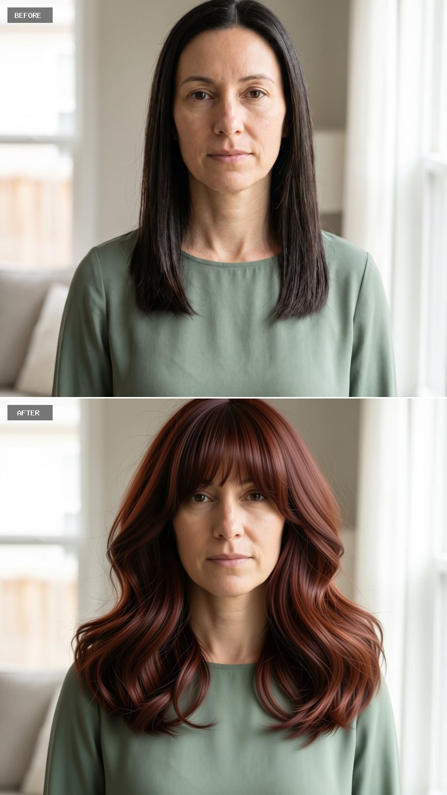 Auburn Waves With Fringe Prove a Long Face Doesn't Need Less Hair, Just Smarter Hair