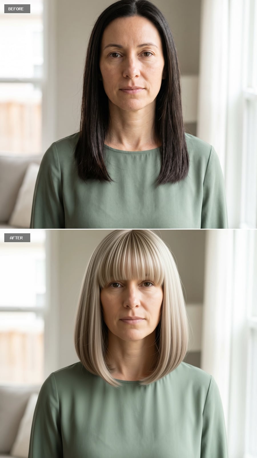 Silver-Blonde Bob Cuts Off a Long Face's Vertical Line With One Sharp Fringe