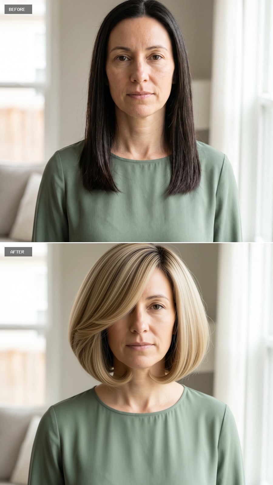 Blonde Bob With a Dark Root and a Side Sweep That Cuts a Long Face Horizontally