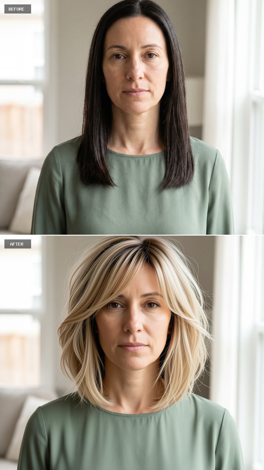 Blonde Bob With a Lived-In Part and Sweeping Face-Framing Layers That Interrupt a Long Face