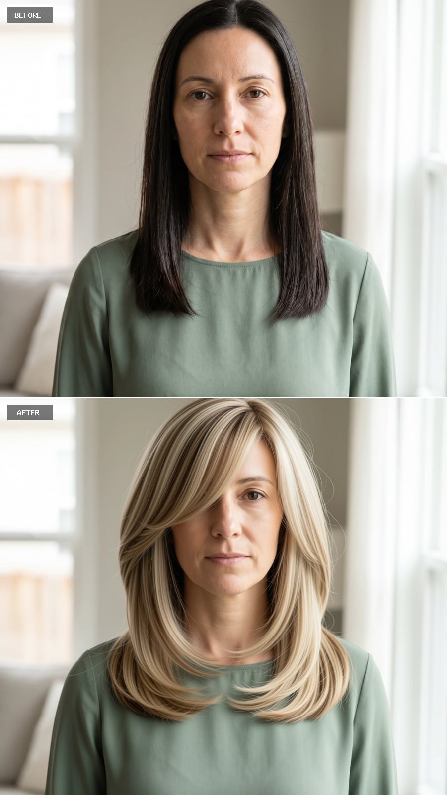 Blonde Layers Swept Wide Give a Long Face Its Horizontal Moment