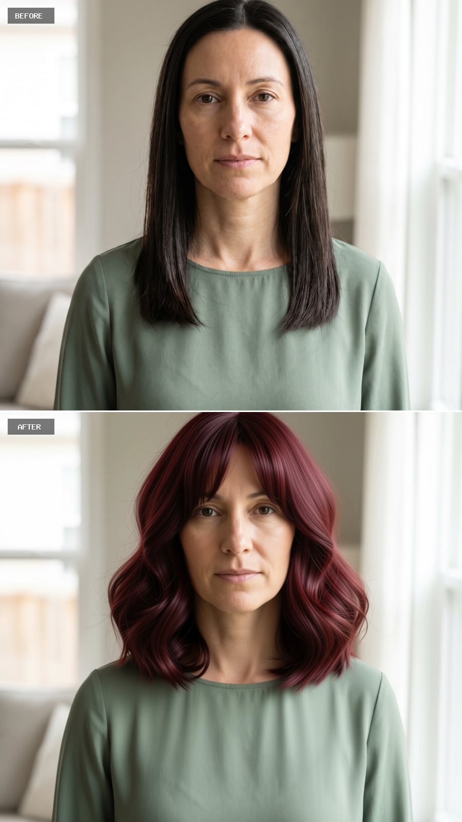 Burgundy Waves With a Fringe That Give a Long Face a Definitive Horizontal Anchor