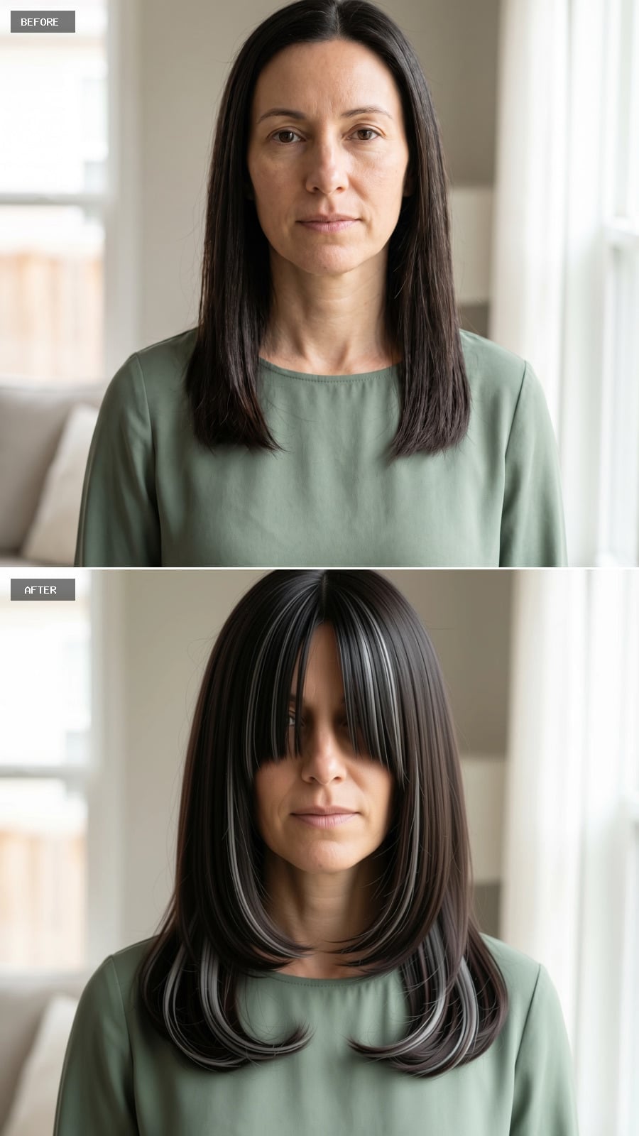 Dark Hair With Face-Framing Highlights and a Full Bang That Rewrites a Long Face's Proportions