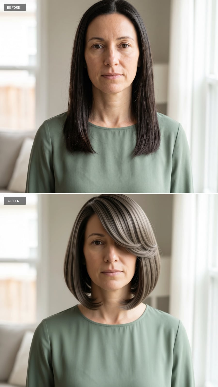 Gray-Streaked Bob With a Side Sweep That Gives a Long Face Its Full Stop