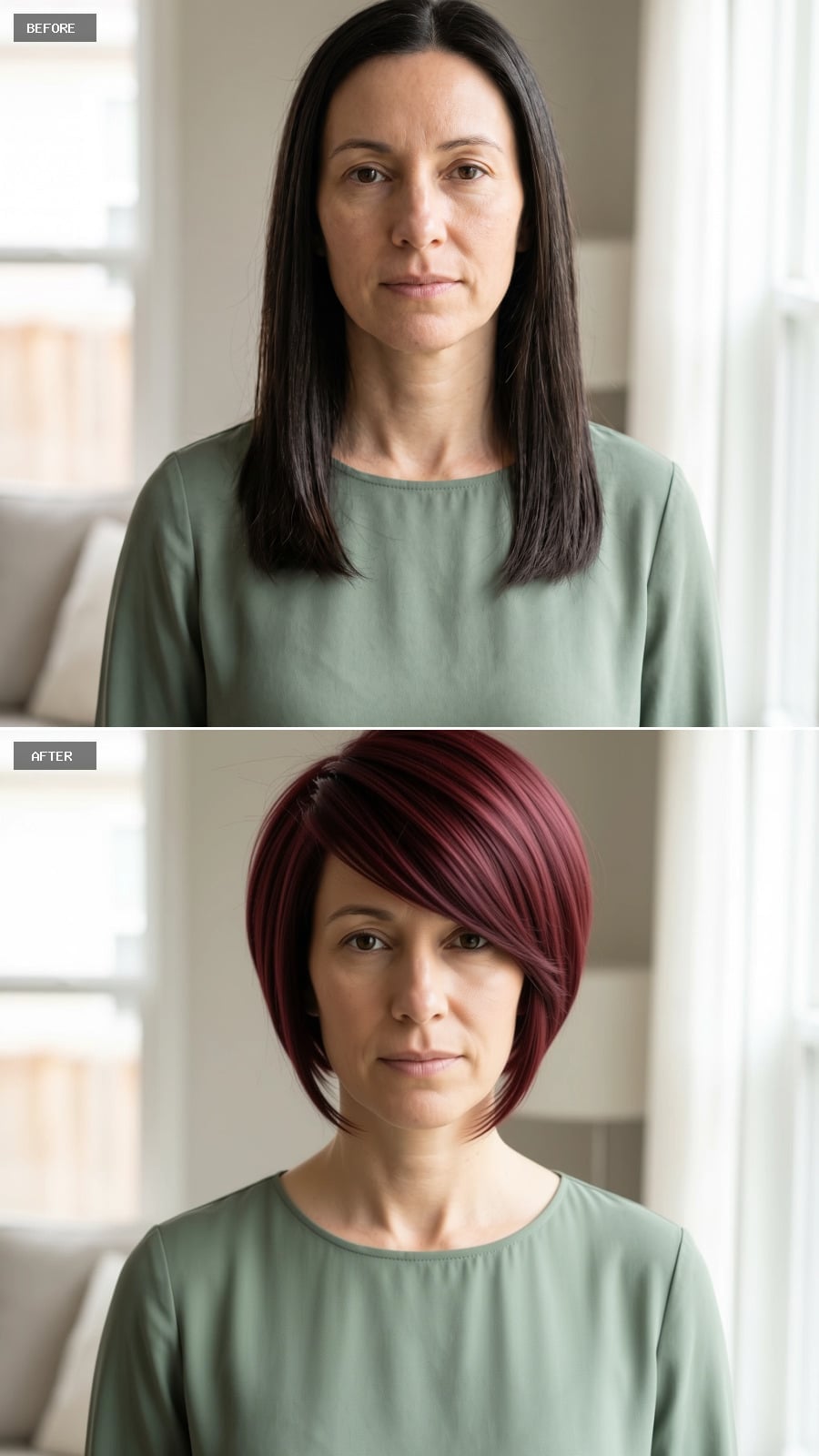 Mahogany Bob With a Side-Swept Bang That Gives a Long Face a Hard Boundary
