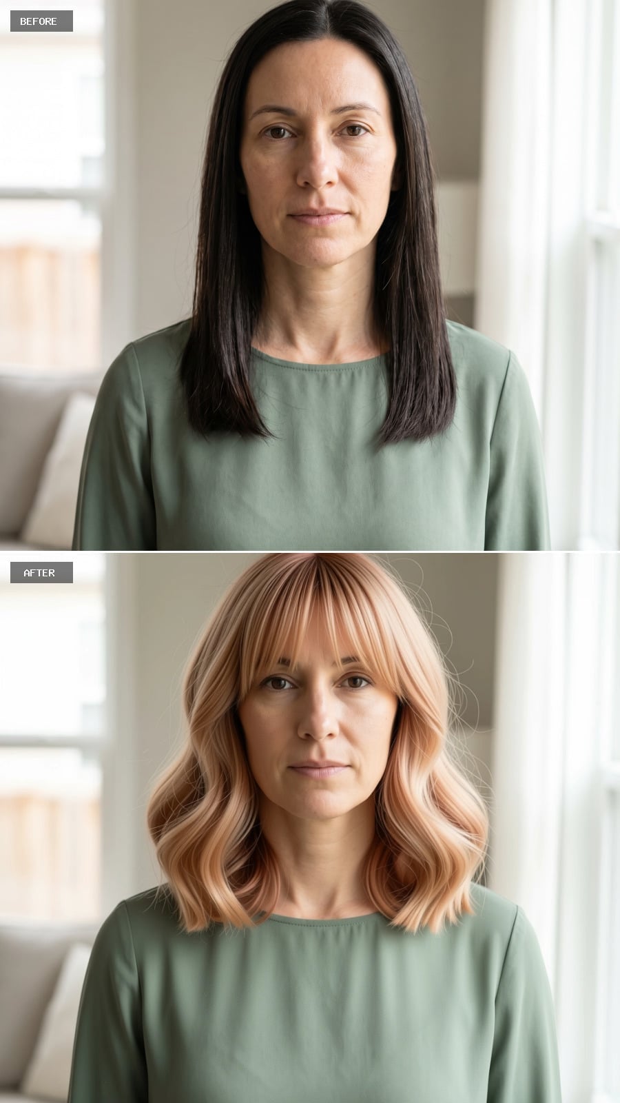 Peach-Blonde Waves Fringe Their Way to a Long Face's Happy Ending