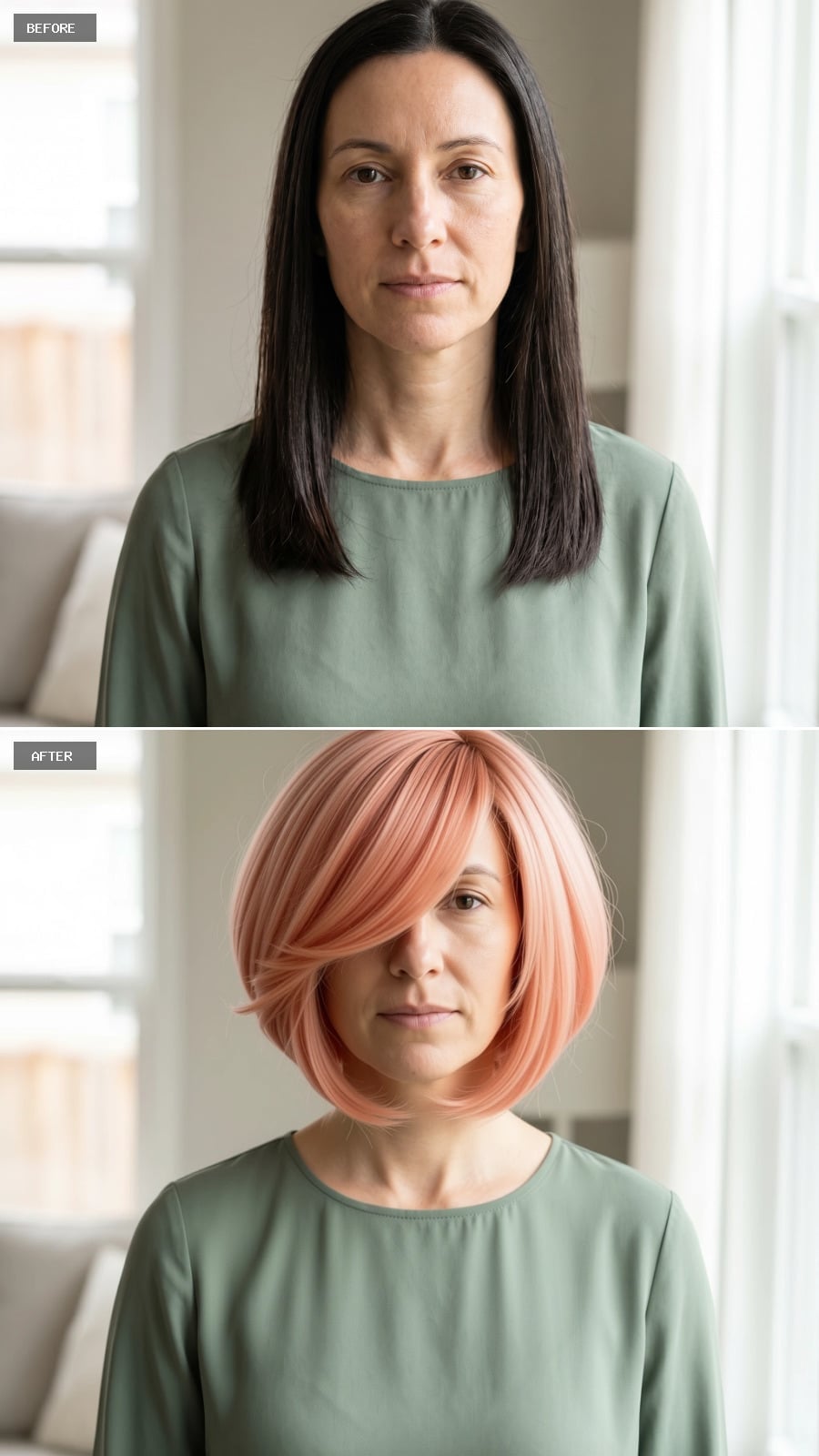 Peach-Pink Bob With a Side Sweep That Knows Exactly What a Long Face Needs