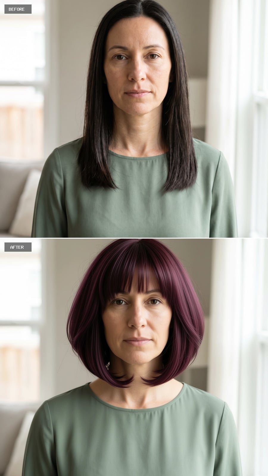 Purple Bob With a Blunt Fringe That Refuses to Let a Long Face Run the Show